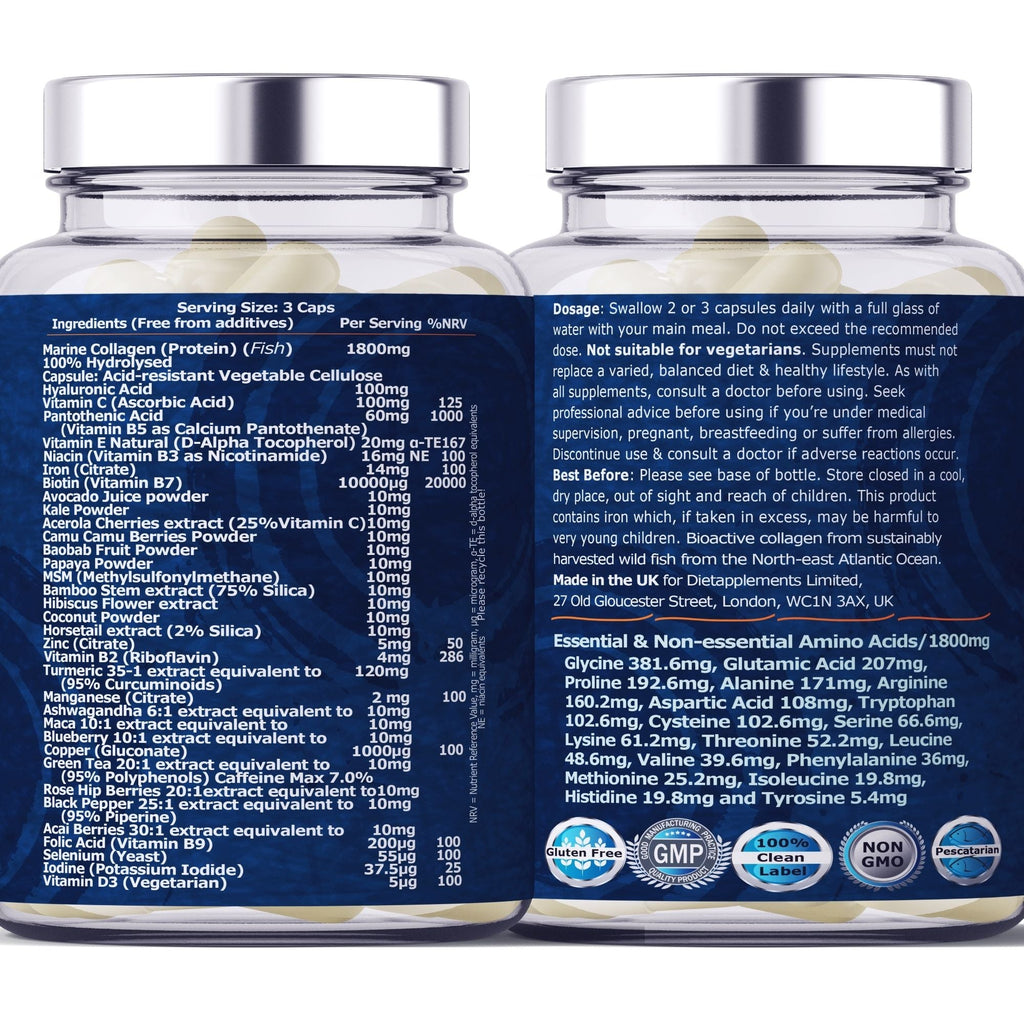 Marine Collagen, Hyaluronic Acid, Biotin, Vitamins, Minerals & Superfood - 35 Ingredients