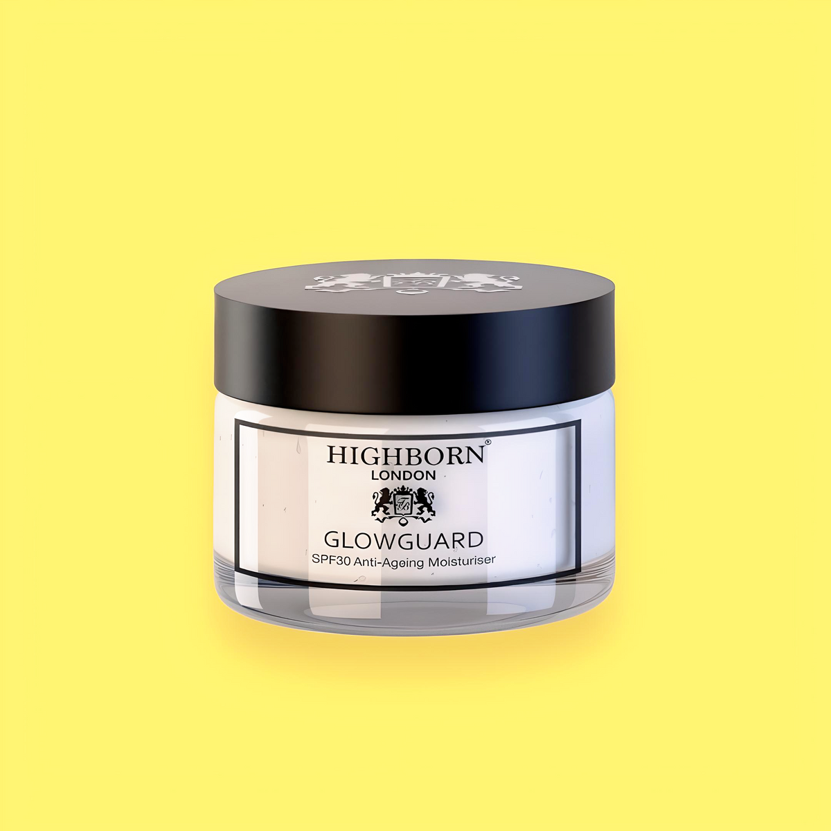 Highborn London GLOWGUARD SPF30 Anti-Ageing Moisturiser jar with a black lid centred on a bright yellow background
