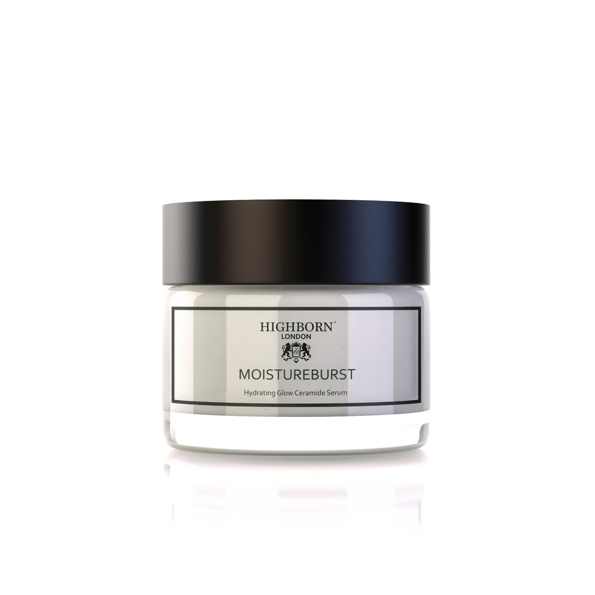 Product jar of Highborn London MoistureBurst Hydrating Glow Ceramide Serum with a black lid on a white background with reflection