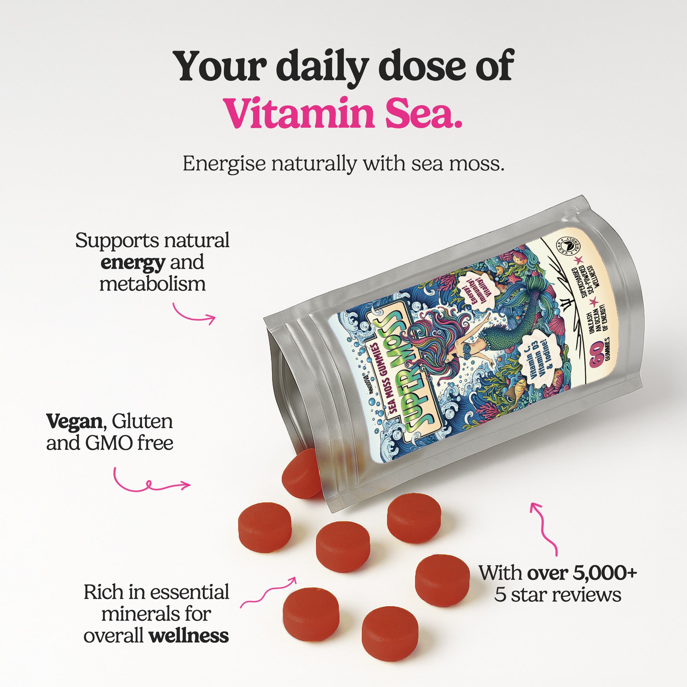 SuperMoss Sea Moss Gummies | Apple Flavour | 60 Gummies | Sea-Powered Energy & Vitality