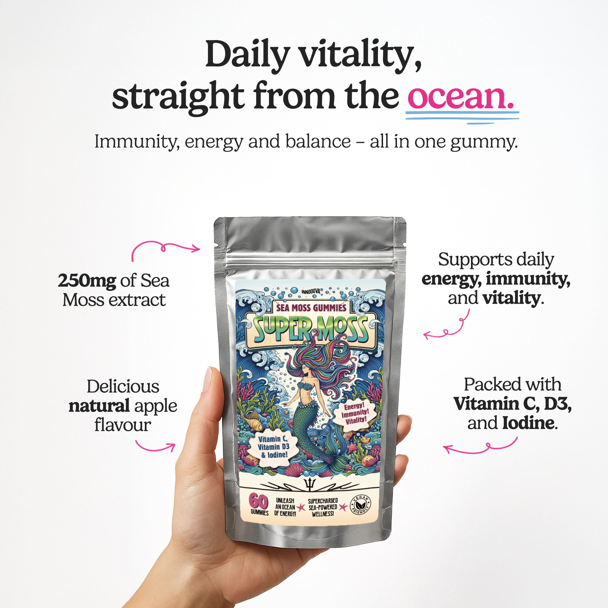 SuperMoss Sea Moss Gummies | Apple Flavour | 60 Gummies | Sea-Powered Energy & Vitality